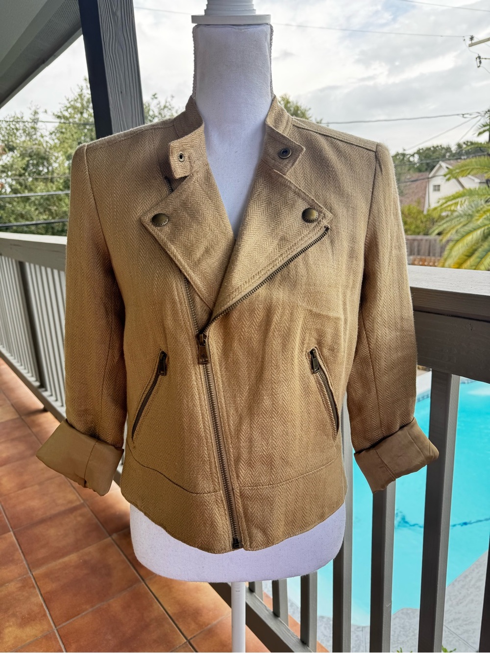 Lauren Ralph Lauren Gold Herringbone Linen Moto Jacket Size 6